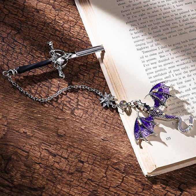 Fantasy Dragon Sword Bookmarks - 2 PCs Cool Metal Book Mark Gifts for Reading Blue Purple Page Maker Merch for Men Boys Kids Novel Fans Lovers Bookish Students Teachers School Accessories
