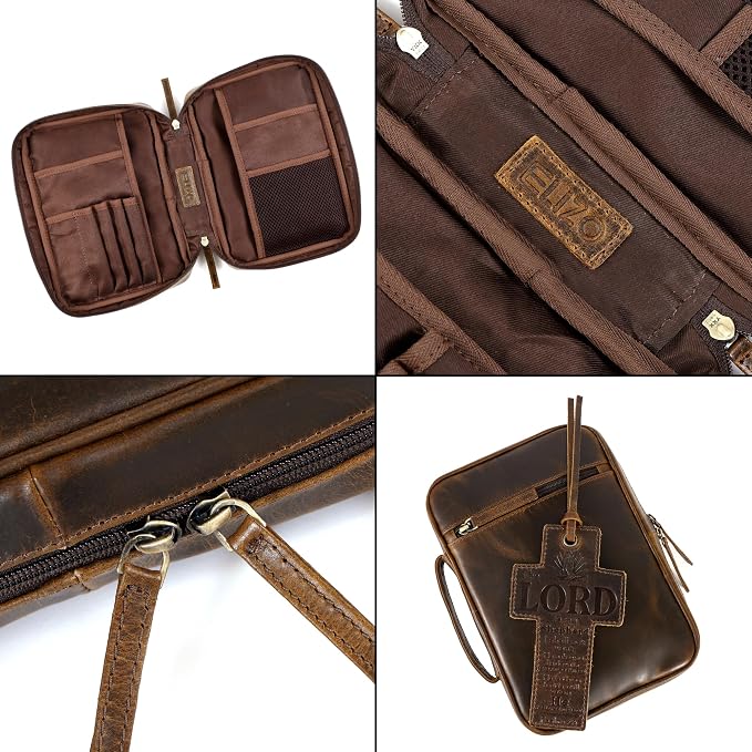 Leather Bible Cover for Men Bible Case for Women Zippered Holder Protector Cross Church Tote Bag Carrying Organizer Sleeve Gift Standard Antique
