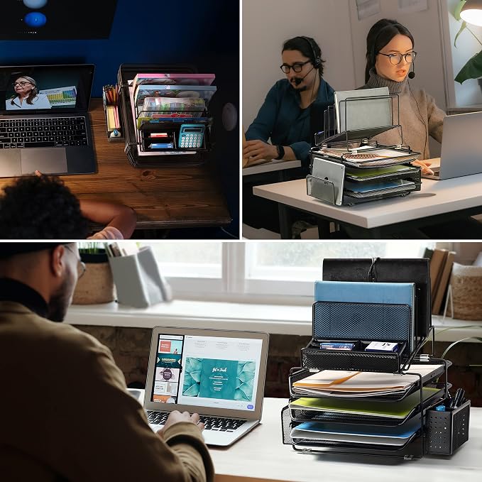 DESIGNA Stackable Mesh Desk Organizer with 3 Sliding Letter Tray Drawers, 4 File Holders Sorter Section, 2 Side Compartments, Pencil Holder Non-slip All In One Desktop Organizers Office Storage, Black