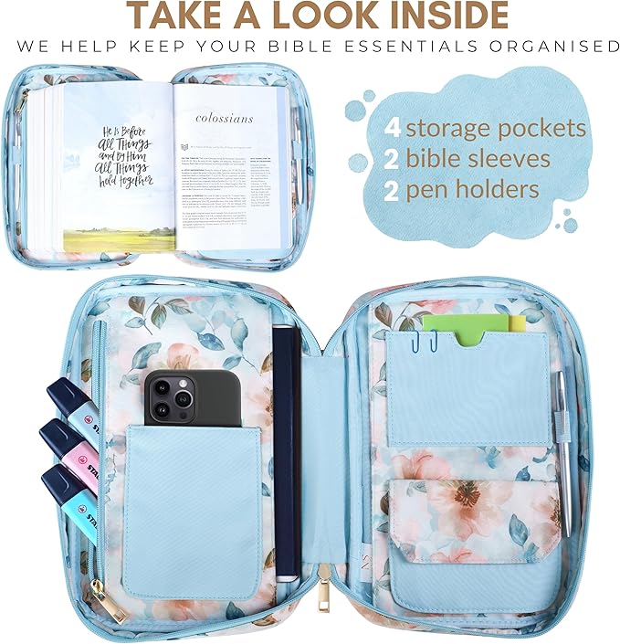 Quilted Bible Case for 6.5 X 9.5 inch Books, Bible Carrying Case for Women, Blue Bible Cover