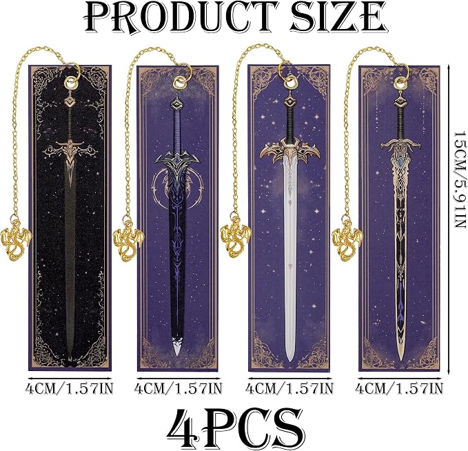 Dragon Sword Bookmark Gifts - 4 Pcs Purple Cool Vintage Bookmarks for Men Reading Lovers Kids Teacher Students Gold Pendant Charm Fantasy Anime Book Marks Office Home Supplies Birthday Gift