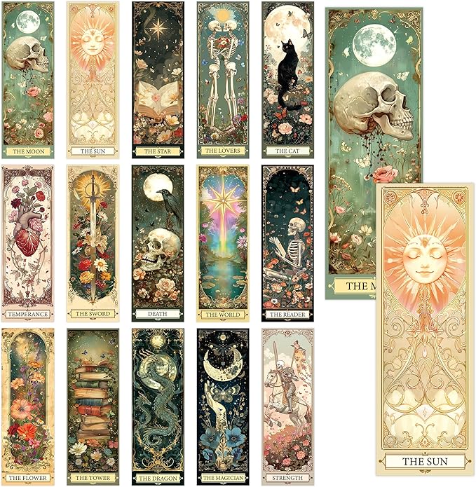 Fantasy Tarot Bookmarks, 60 Pcs Vintage Gothic Dark Academia Book Marker Page Clips, Mystical Floral Skull Reading Accessories for Book Lovers Readers Booktok Gifts