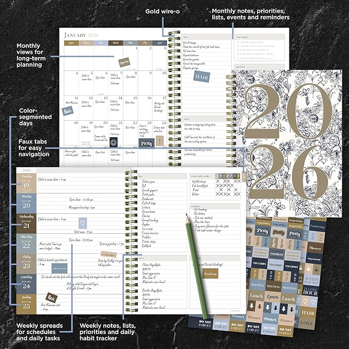 TF Publishing 2026 La Campagne Year Medium Weekly Monthly Planner with 12-Month Calendar Grid, Notes, and Priorities Section - Weekly Schedule Planner with Habit Tracker and Stickers - 6.5in x 8in
