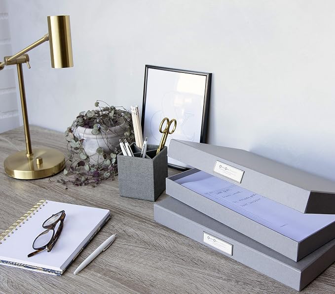 Bigso Sven Fiberboard Classic Hinged Document Box - File Organizer for Important Paperwork - Document Storage Box with Hinged Lid & Metal Label Window - 1.8 in x 13.2 in x 9.3 in - White