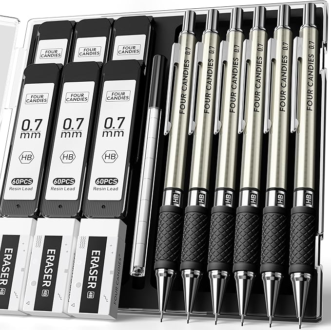 6PCS Metal Mechanical Pencil Set with 0.7mm Medium Point, 360 Leads, 12 Erasers, Art Mechanical Pencils Pack with Storage Case for School Writing, Sketching, Drawing & Professional Drafting