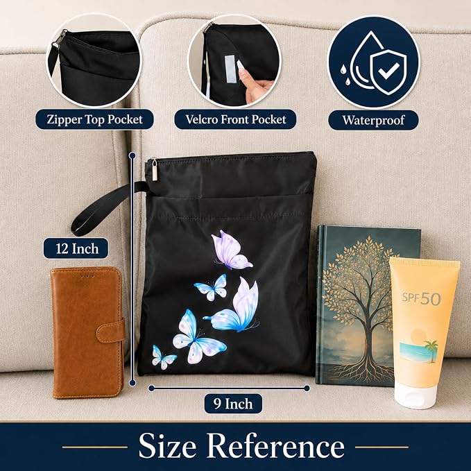 The Story Satchel Book Sleeve with Spacious Front Pocket - A Waterproof Protector Book Bag Pouch with Zipper - Perfect Book Lovers Gifts for Hardcover or Paperback (Butterfly Black)