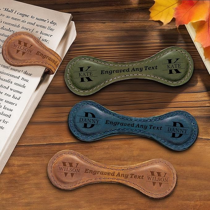 Personalized Magnetic Bookmark for Men, Leather Book Clip Engraved Book Marks for Women, Personalized Gifts for Book Lovers, Christmas, Birthday, Valentines Day (Light Brown-Magnetic)