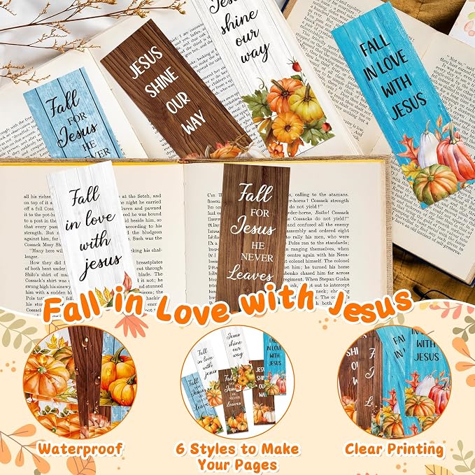 TICIAGA Fall Pumpkin Bible Bookmarks - 60Pcs Fall for Jesus He Never Leaves Religious Bible Verse Bookmarks, Autumn Pumpkins Page Marker for Book Lovers, Christian Church Giveaways for Sunday School