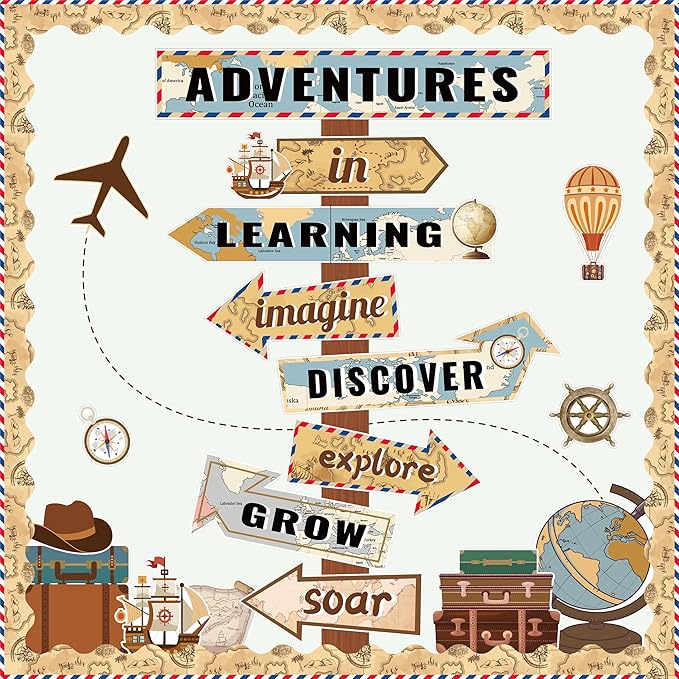 Travel The Map Bulletin Board Set - Let The Adventure Begin Classroom Cutouts - Vintage Travel Theme Decor with Motivational Signs for Kids - Let's Explore & Voyage Cutouts for Classroom Chalkboards