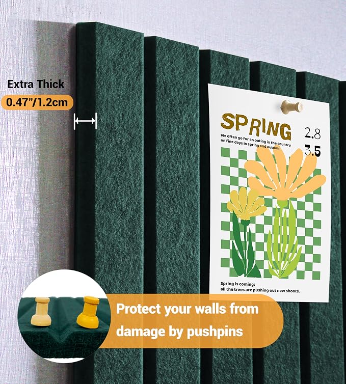 1/2" Thick Cork Board for Office, 6 Pack Felt Wall Tiles -28"x18" with Safe Adhesive Tabs, Large Bulletin Board, Push Pin Board Organizer Wall - Forest Green