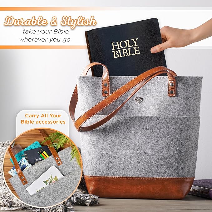 Christian Art Gifts Felt and Faux Leather Bible Tote for Women: With Metal Heart Badge, Pockets and Magnetic Button Closure, Toffee Brown and Gray, One Size Carry Bag for Books, Supplies and Shopping