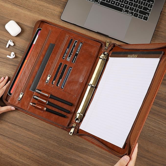 Genuine Leather Portfolio, 3 Ring Binder Padfolio, 11"×14" Padfolio Organizer, Professional Business Portfolio Binder for Men and Women