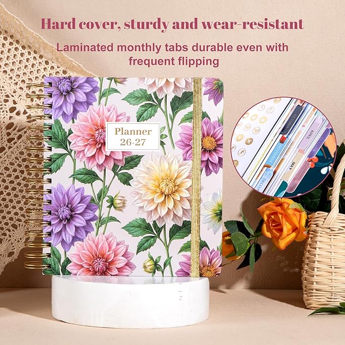 CAGIE 18 Month Planner July 2026 - December 2027, Academic Year Weekly & Monthly Planner with Tabs, 8.3 x 9.3 Floral Hardcover Organizer with 100GSM Thick Paper and Elastic Band for Women School Office