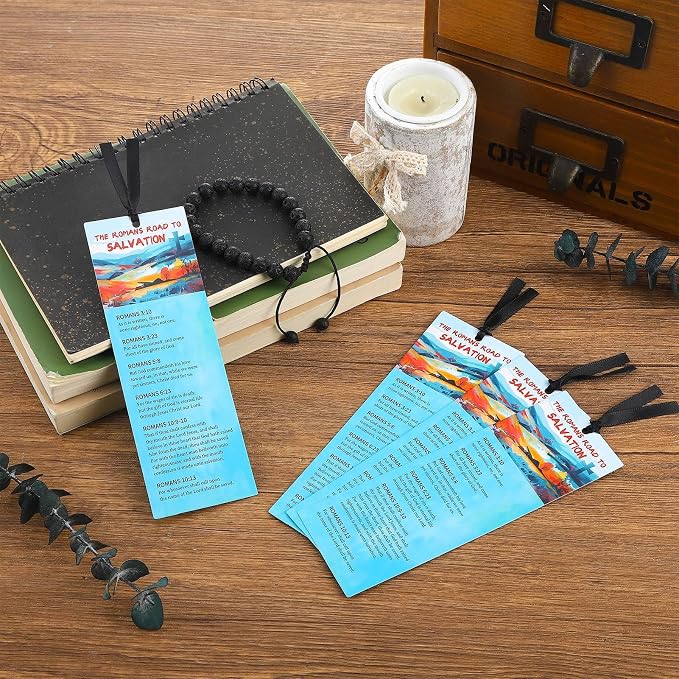 50 PCS Romans Road to Salvation Bookmarks King James Version Translation Romans Road Bookmark Cards Roman's Road to Salvation Bookmarks with 50 PCS Hanging Strings 6 x 2 Inches