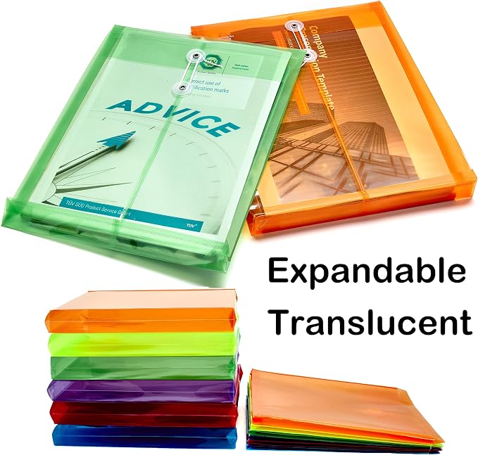 6 Pack Plastic Envelopes Poly Envelopes Expandable Files Document Folders with Button & String Tie Closure - Letter A4 Size - 1-1/4 Inch Expansion - for School Office & Home (Assorted Color)
