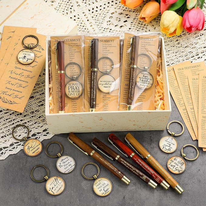 Gueevin 10 Sets Fathers Day Christian Gifts Bulk Bible Verse Pens Christian Religious Bookmarks and Bible Keychains Church Appreciation Gift for Graduation End of Year Teacher School (Multicolor)