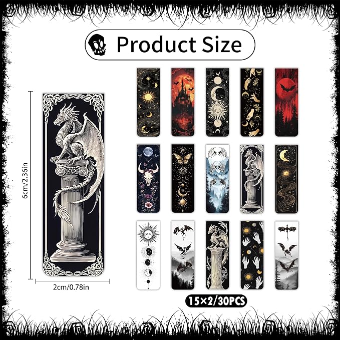 Gothic Romance Magnetic Bookmarks: 30 Pcs Witchy Dragon Moon Book Mark Clips, Fantasy Dark Academia Reading Accessories for Women Teens, Occult Gifts for Book Lovers