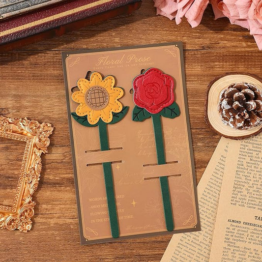 2 Pieces Bookmarks,Vintage Leather Flower Bookmarks for Women,Cute Bookmarks for Book Lovers,Teacher,Rose and Sunflower