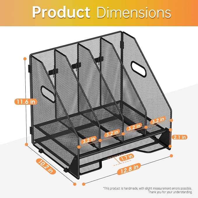 Docnest Desk File Holder Sorter, 4 Vertical Compartments Rack with Letter Tray, Mesh Magazine File Holder with Handle,Workspace Organizers,Desk Organizers for Paper, Mail, Documents-Black