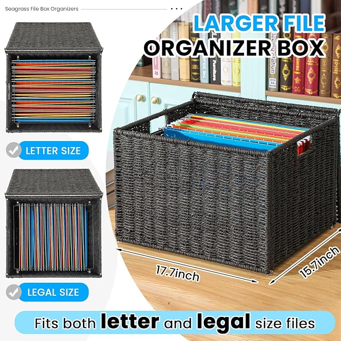 Cinnvoice Extra Large Decorative File Box 18 x 16 x 13 in Wicker Seagrass File Basket Organizer for Letter Legal Size Hand Woven Hanging Filing Cabinet with Lid for Office Paper Rope, Black