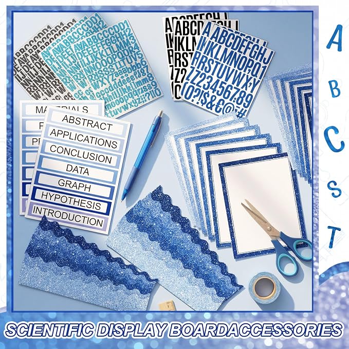 Sinload 92 Pcs Science Fair Board Supplies 60 Trim Scalloped Poster Boards 18 Presentation Subtitles 6 Project Titles 8 Letter Sticker for Classroom Display Boards(Glitter Blue,Wave)