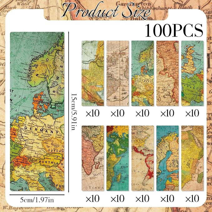 Vintage Bookmark Bulk Gifts - 100 Pcs World Map Paper Bookmarks for Women Students Men Book Lovers Retro Page Marks School Office Reading Accessories Bookish Gift for Birthday Christmas