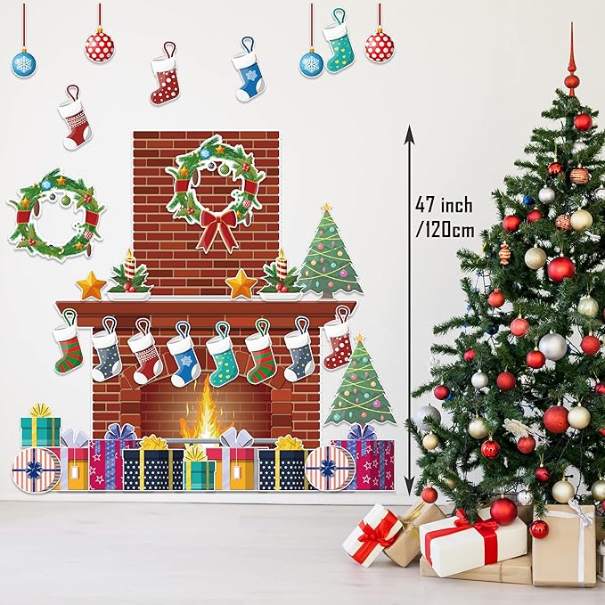4Ft Christmas Fireplace Bulletin Board Set Christmas Bulletin Board Decoration Christmas Gifts Fireplace Wreath Stockings Cutouts for Classroom Home Chalkboard Wall Decoration, 52Pcs