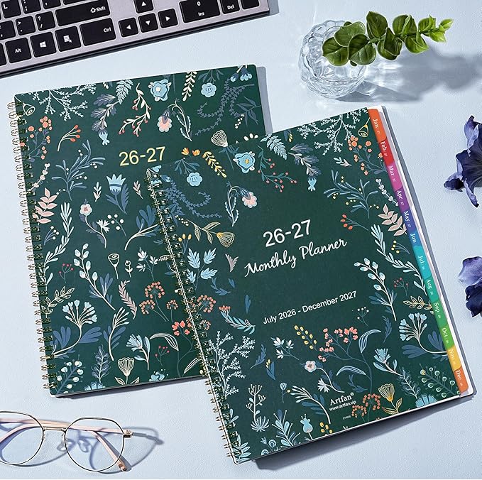 2026-2027 Monthly Planner - Planner 2026-2027, Monthly Calendar 26-27, Jul. 2026 - Dec. 2027, 9" x 11", 18 Month with Colourful Tabs & Pocket, Flexible Cover, Twin-Wire Binding, Thick Paper - Green