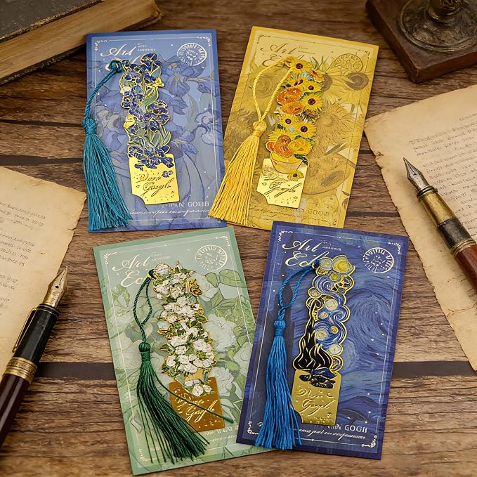 4 Pieces Elegant Metal Bookmarks with Tassel, Hollow Out Art Design Bookmarks with Tassels for Books and Journals (4 Pieces)