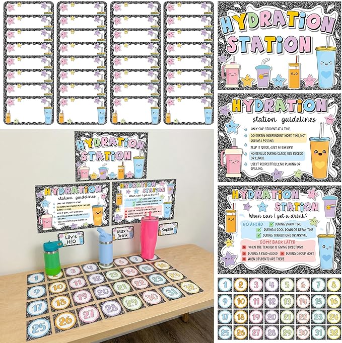 Frienda 67 Pcs Classroom Water Station Decor Set, Hydration Station Posters with Name and Number Stickers, Self-Adhesive Cup Organization Kit for Preschool Elementary School, Back to School Supplies