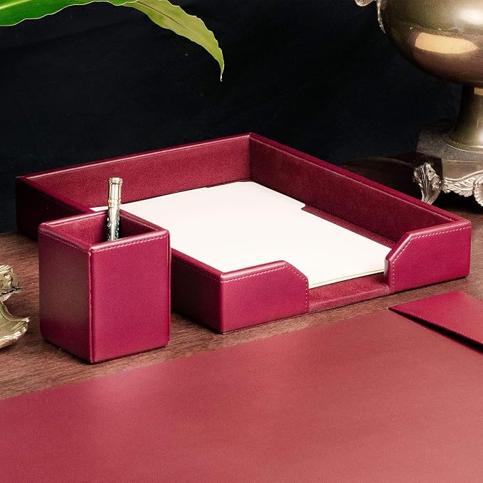 Dacasso Burgundy Bonded Leather Luxury Letter Tray Holder & Paper Organizer for Desk - Executive Desk Decor & Office Organization Essential
