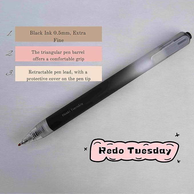 Fengtaiyuan Retractable Gel Pens, 0.5mm Bullet Point Fast Drying Black Ink, Frosted Gradient Triangular Ergonomic Barrel Writing Pens for School Exam Office Note Taking [Pack of 6]