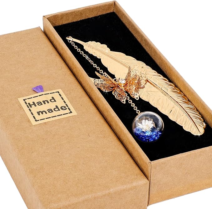 Teacher Retirement Gifts - Metal Feather Bookmark with 3D Butterfly & Real Dried Flower Pendant - Bookmark for Women & Book Lovers Under 10 Dollars - Gift Box Included