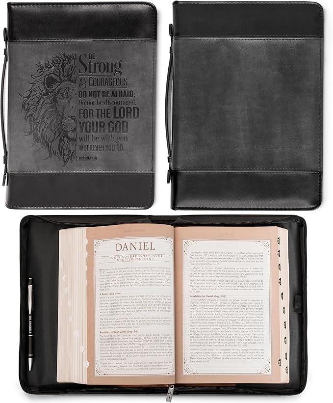 Christian Art Gifts Classic Faux Leather Bible Cover for Men and Women: Be Strong and Courageous - Joshua 1:9 Inspirational Bible Verse with Lion, Gray and Black, Large