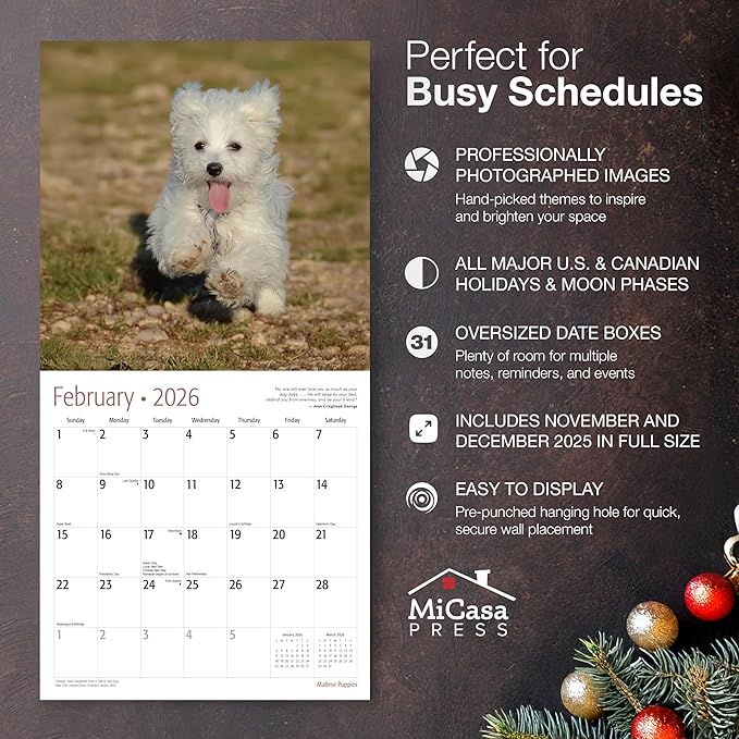 MICASA PRESS Maltese Puppies 2026 Wall Calendar 12 Month | 12" x 24" Open | Thick & Sturdy Paper | Giftable | Cute Puppy Dog Calendar 2026