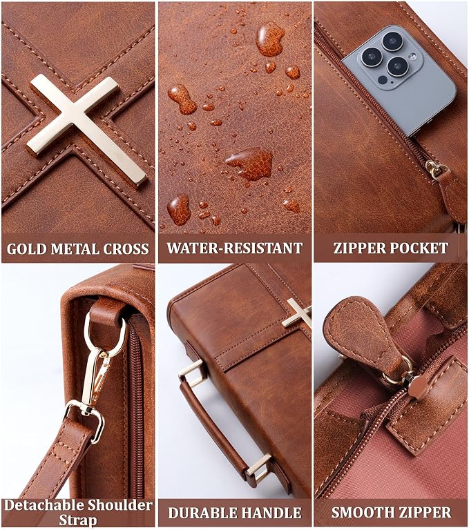 Vegan Leather Bible Cover Case, Bible Bag with Phone Pocket, Bible Case for Men Women, Christian Gift Box Packaging (Brown - with Strap)