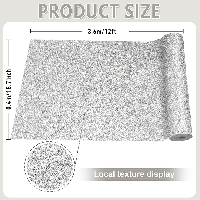 Glitter Bulletin Board Roll Silver Bulletin Board Paper Sparkle Silver Wrapping DIY Art Crafts Fade Resistant Wrinkle Resistant Poster for Classroom Office Home Backdrop Decoration 15.7" x 12 Ft
