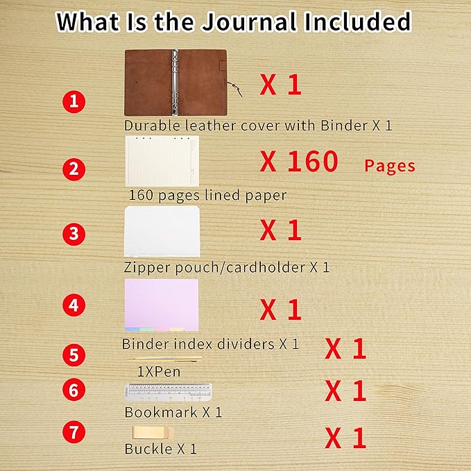 WONDERPOOL Leather Journal A5 Refillable 6 Ring Binder Notebook with Lined Paper and Pen,Writing Diary for Work Travel and Agenda Plan (A5, a-Maroonpink)