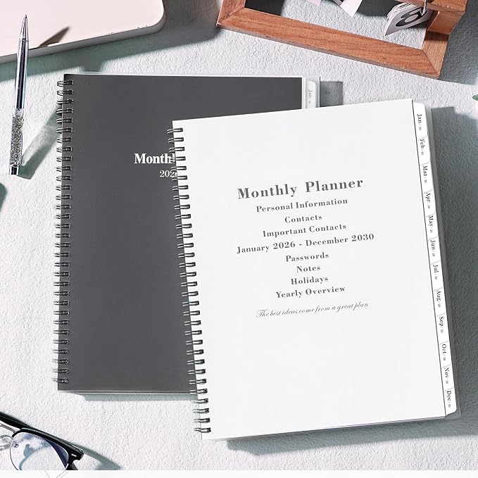 2026-2030 Monthly Planner/Calendar - Jan 2026 - Dec 2030, 5 Year Monthly Planner with Tabs & Celebrity Quotes, 9" x 11", Famous Quotes, Two-Side Pocket, Suitable for Long-Term Planning, Grey