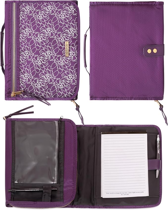 Christian Art Gifts Grace Women's Tri-Fold Organizer Bible Cover Zipper Closure, Purple Canvas, Medium