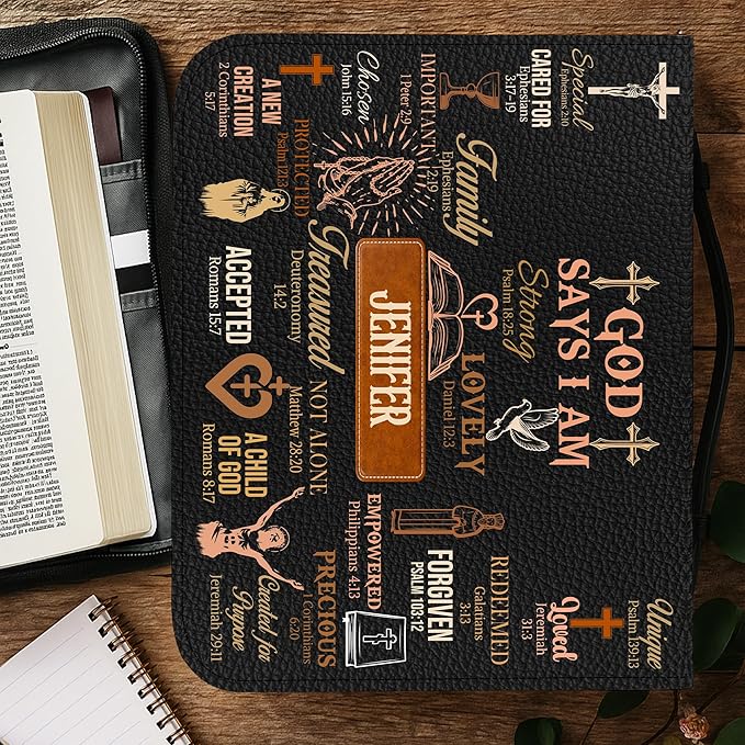 Personalized Man of God Bible Cover, God Says I Am Bible Case PU Leather, Bible Holder Handle Zipper, Faith Scripture with Name Case Bag, Religious Gifts for Church Christians Women Men (GOD-12)
