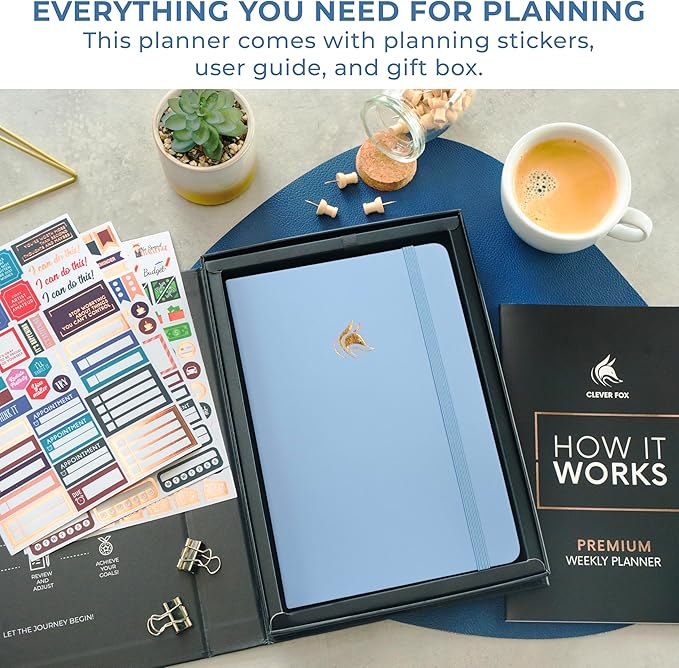Clever Fox Dated Planner Premium 2026 – Weekly Agenda for Planning & Time Management –Notebook with Habit Tracker & To-do List (Light Blue)