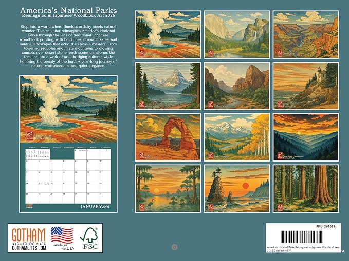 National Parks Woodblock Style Calendar 2026 Monthly Wall Calender 12 Month | American Made In The USA