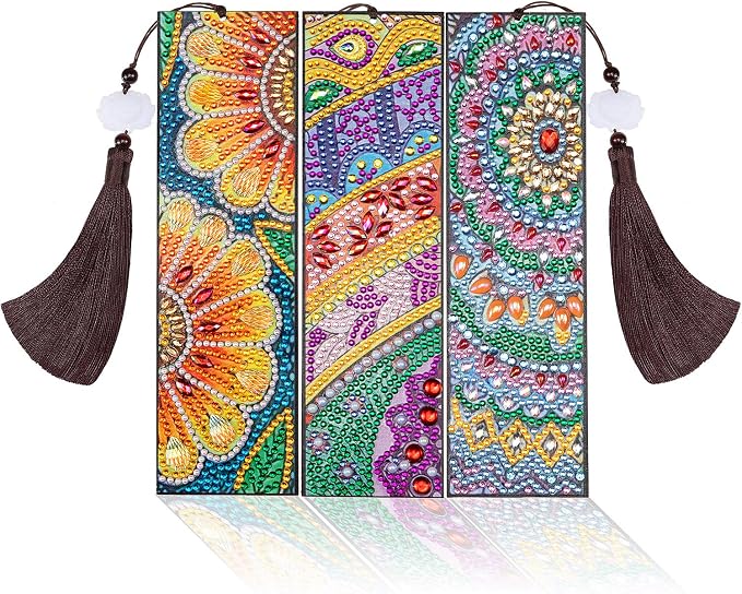 Outus 3 Pieces Diamond Art Bookmark Diamond Tassel Beaded Painting Bookmark DIY Leather Tassel for Graduation Birthday Embroidery Arts Crafts Christmas Supplies