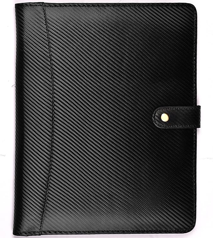 LEATHER VILLAGE Portfolio Professional Organizer – Carbon Fiber Genuine Leather Padfolio Resume Folder for A4 Letter Pad with Pen Holder, Business Card Slots – Ideal for Men & Women - Black
