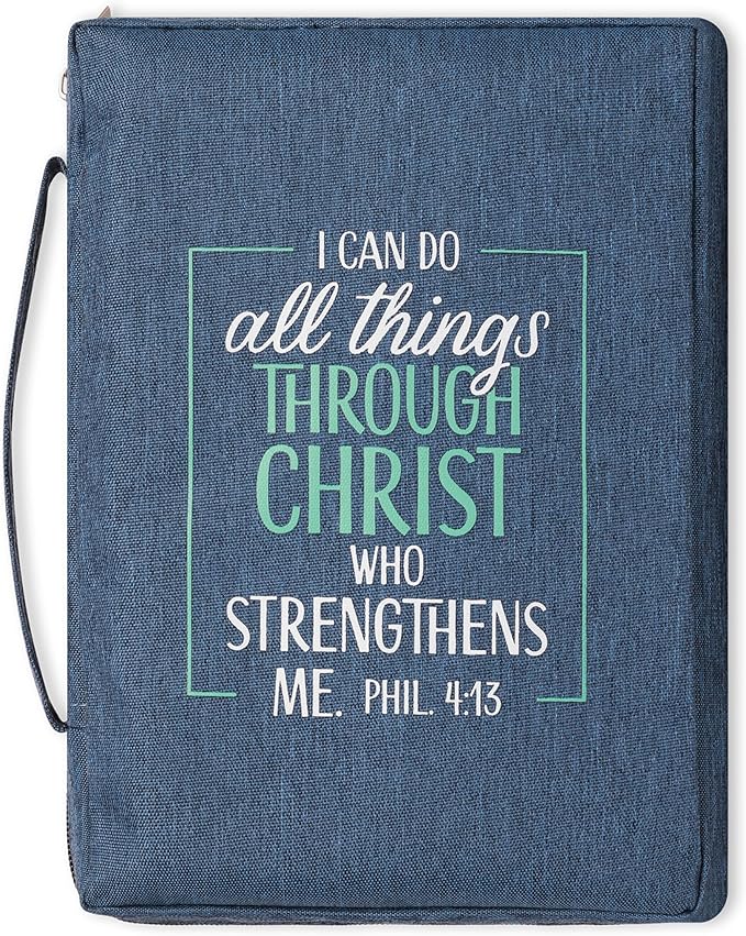 Christian Art Gifts Men/Women's Bible Cover I Can Do All Things Philippians 4:13, Blue/Turquoise Canvas, Large