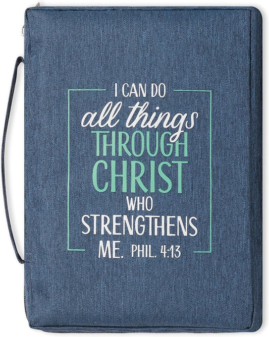 Christian Art Gifts Men/Women's Bible Cover I Can Do All Things Philippians 4:13, Blue/Turquoise Canvas, Large