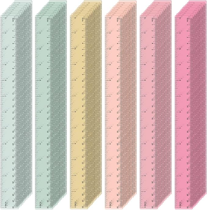 60 Pcs Plastic Clear Rulers 12 Inch, Transparent Assorted Color Ruler Bulk, with Imperial and Metric Scales for Home Office Supplies, Available in 6Colors(Vintage Colors)