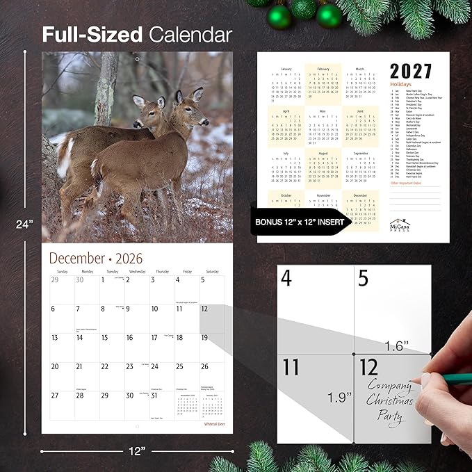 MICASA PRESS Whitetail Deer 2026 Wall Calendar 12 Month | 12” x 24” Open | Thick & Sturdy Paper | Giftable | Hunting Animal Calendar 2026