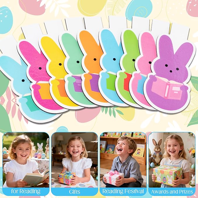 Laffact Easter Bunny Reading Bookmarks - 9Sets Colorful Bunny Magnetic Books Tracker Bulk with Book Mark Cards, Double-Sided Keep Reading Page Clip Marker Book Club Gifts for Book Lover Reader Bookish